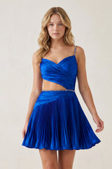 Royal Blue Spaghetti Straps Cut-Out Pleated A-Line Satin Homecoming Dress with Beading
