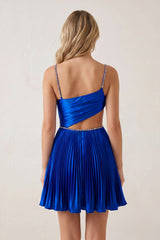 Royal Blue Spaghetti Straps Cut-Out Pleated A-Line Satin Homecoming Dress with Beading