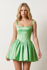 Green Square Neck Satin Ruched A-Line Corset Homecoming Dress