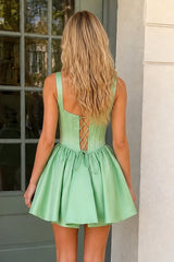 Green Square Neck Satin Ruched A-Line Corset Homecoming Dress