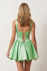 Green Square Neck Satin Ruched A-Line Corset Homecoming Dress