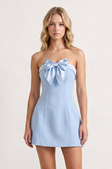 Sky Blue Bowknot Strapless Sheath Satin Homecoming Dress