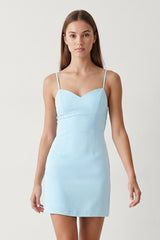 Sky Blue Spaghetti Straps Sheath Linen Homecoming Dress With Back Bow