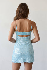 Sky Blue Sparkly Spaghetti Straps Sheath Satin Homecoming Dress With Sequins