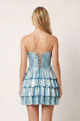 Sky Blue Sweetheart Cut-out A-Line Ruffled Satin Homecoming Dress With Beading
