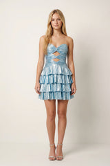 Sky Blue Sweetheart Cut-out A-Line Ruffled Satin Homecoming Dress With Beading