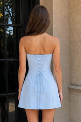 Sky Blue Bowknot Strapless Sheath Satin Homecoming Dress