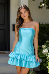 Turquoise Ruffled Strapless Tiered A-Line Satin Homecoming Dress