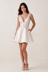 V-Neck A-Line Satin Homecoming Dress With Pearl