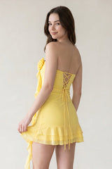 Yellow Chiffon 3D Flower Homecoming Dress With Ribbon