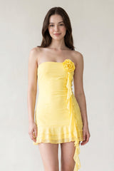 Yellow Chiffon 3D Flower Homecoming Dress With Ribbon