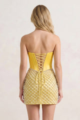 Yellow Corset Strapless Sheath Satin Homecoming Dress With Pearl