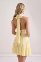 Yellow Plunge A-Line Linen Ruffled Homecoming Dress with Bow