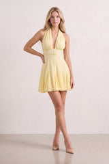 Yellow Plunge A-Line Linen Ruffled Homecoming Dress with Bow