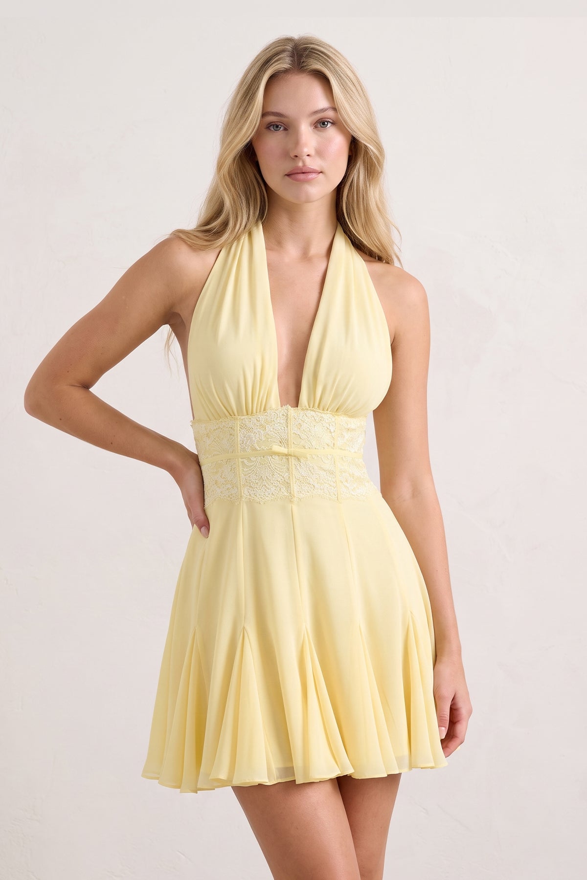 Yellow Plunge A-Line Linen Ruffled Homecoming Dress with Bow
