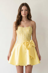Black Sparkly Strapless A-Line Satin Corset Mini Homecoming Dress With Pearl