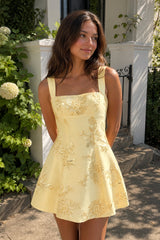 Yellow Square Neck Embroidered Flower Lace A-Line Homecoming Dress