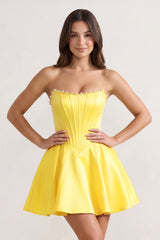 Yellow Strapless A-Line Satin Corset Homecoming Dress With Pearl