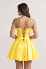 Yellow Strapless A-Line Satin Corset Homecoming Dress With Pearl