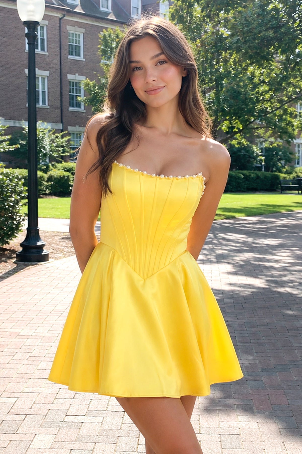 Yellow Strapless A-Line Satin Corset Homecoming Dress With Pearl