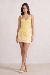 Yellow Sweetheart Sheath Ruched Linen Homecoming Dress with Pearl