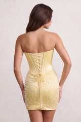 Yellow Sweetheart Sheath Satin Corset Homecoming Dress With Pearl